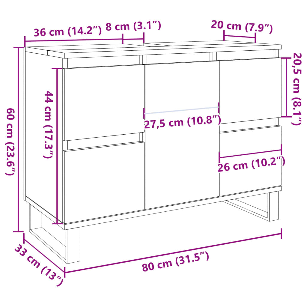 Dulap chiuvetă baie, lemn vechi, 80x33x60 cm, lemn prelucrat