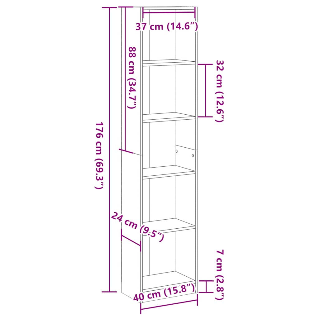 Bibliotecă, gri beton, 40x24x176 cm, lemn compozit