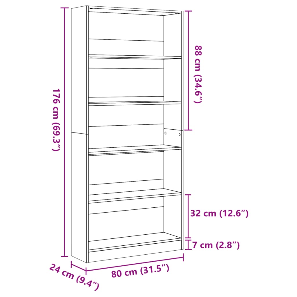 Bibliotecă, alb, 80x24x176 cm, lemn prelucrat