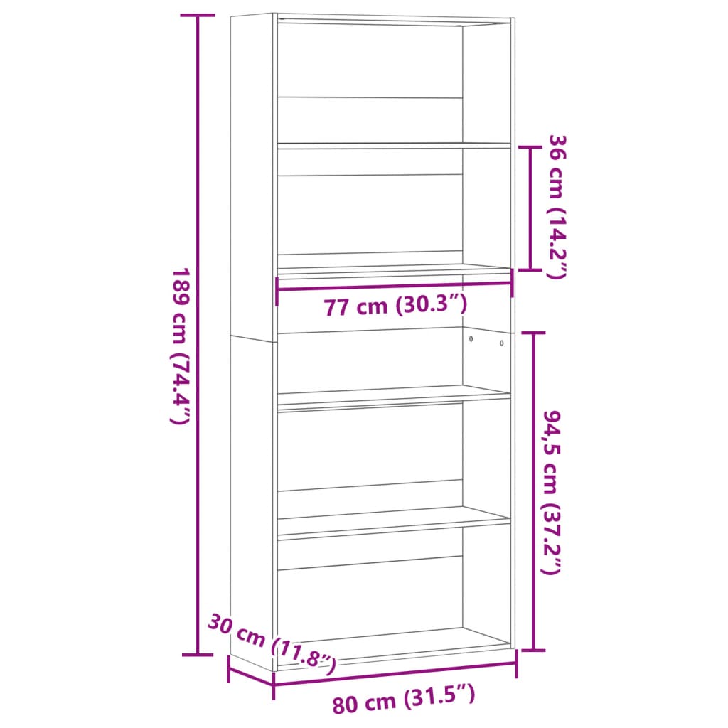 Bibliotecă, stejar artizanal, 80x30x189 cm, lemn prelucrat