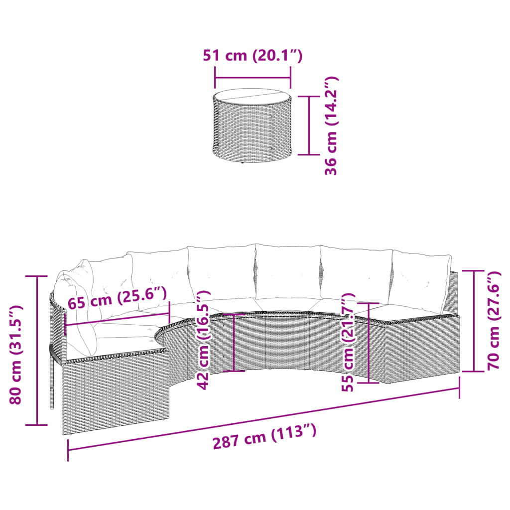 Canapea de grădină cu perne, semi-rotundă, negru, poliratan