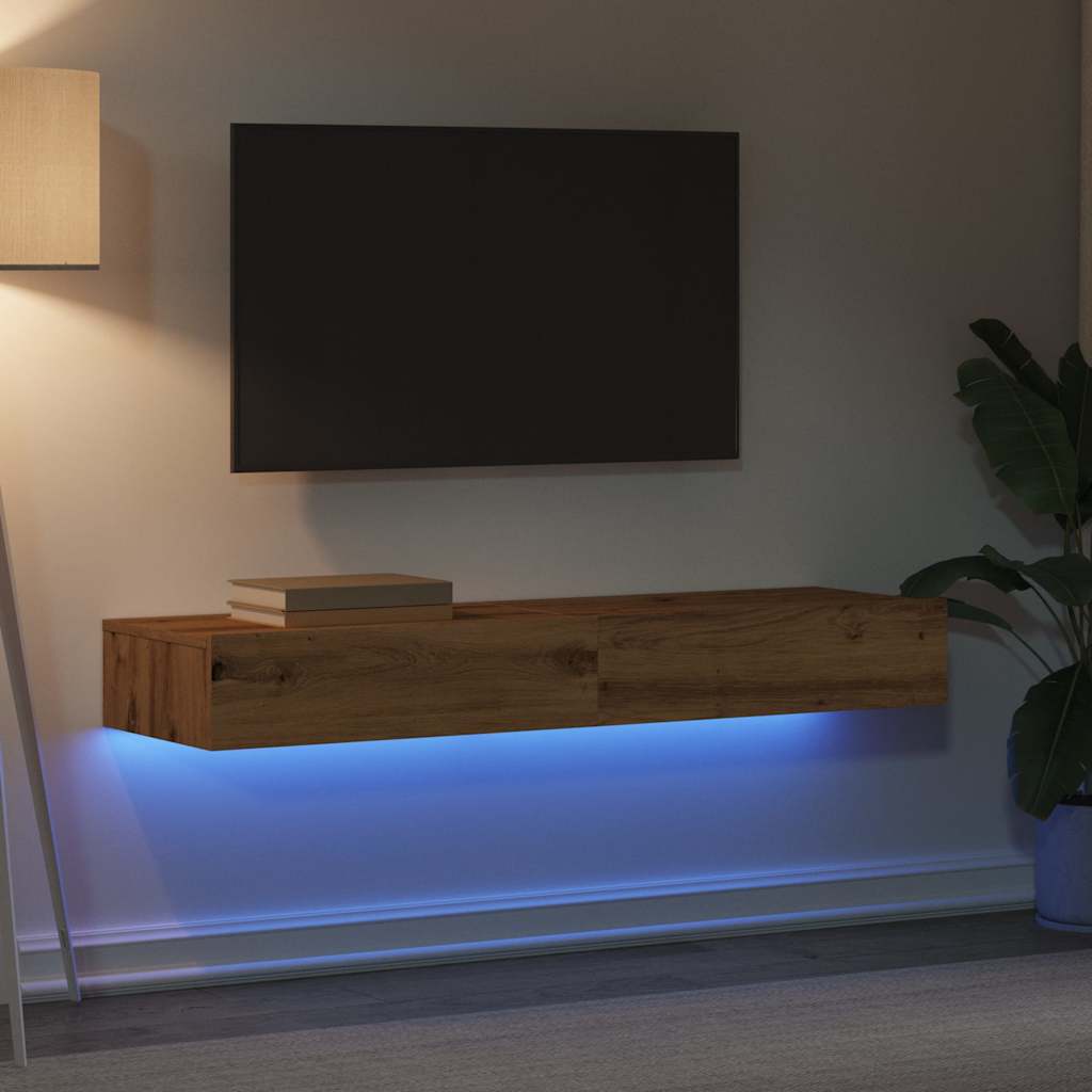 Comode TV cu lumini LED 2 buc., stejar artizanal, 60x35x15,5 cm