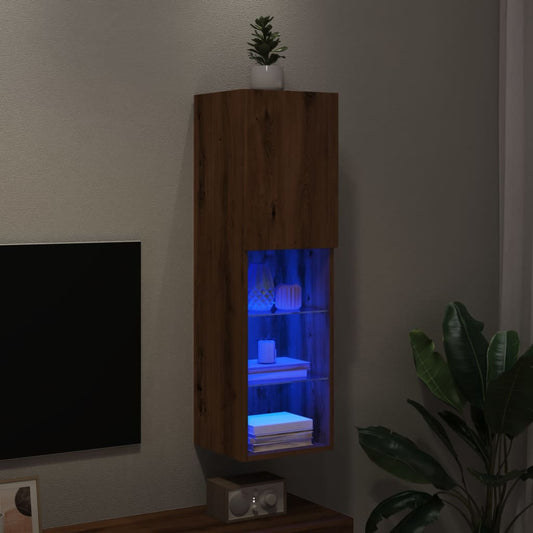 Comodă TV cu lumini LED, stejar artizanal, 30,5x30x102 cm