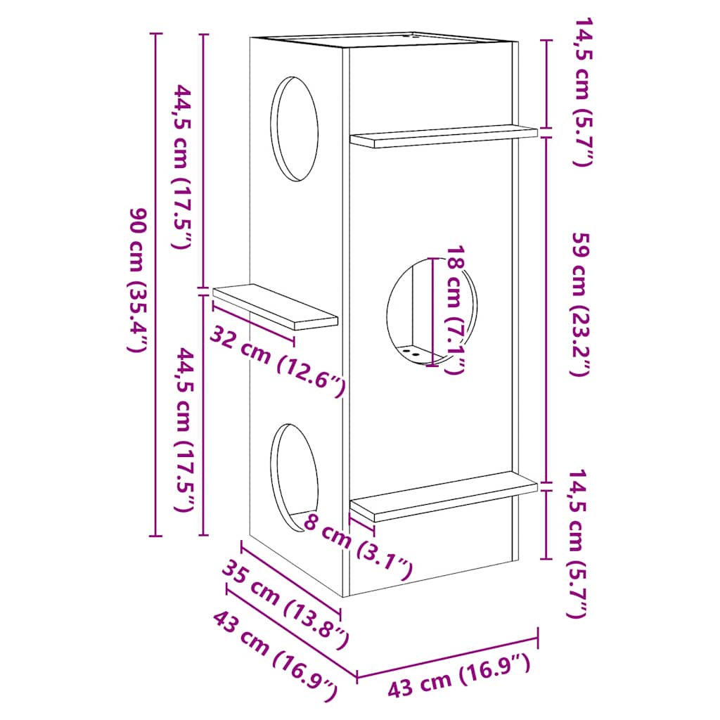 Casă pentru pisici albă 43x43x90 cm din lemn masiv de pin