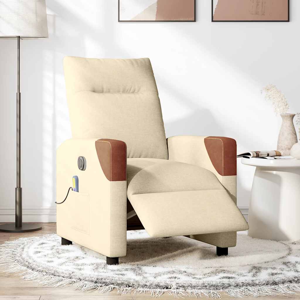 Fotoliu electric de masaj rabatabil, crem, textil