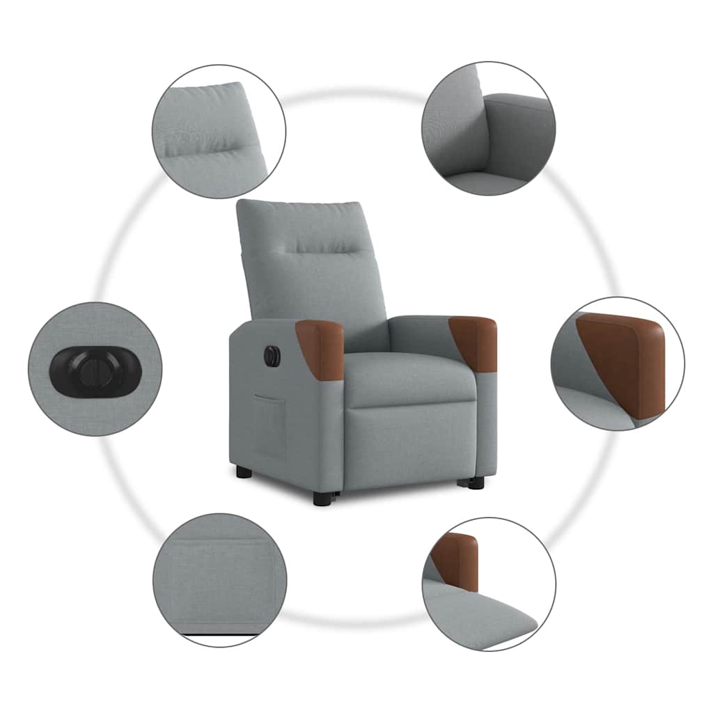 Fotoliu electric rabatabil cu ridicare, gri deschis, textil