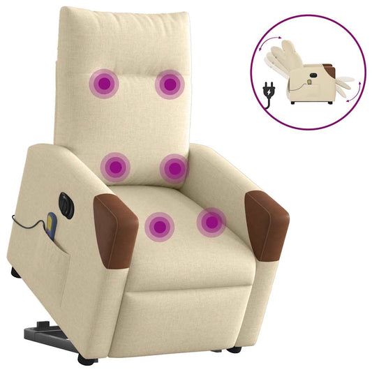 Fotoliu electric de masaj rabatabil cu ridicare, crem, textil
