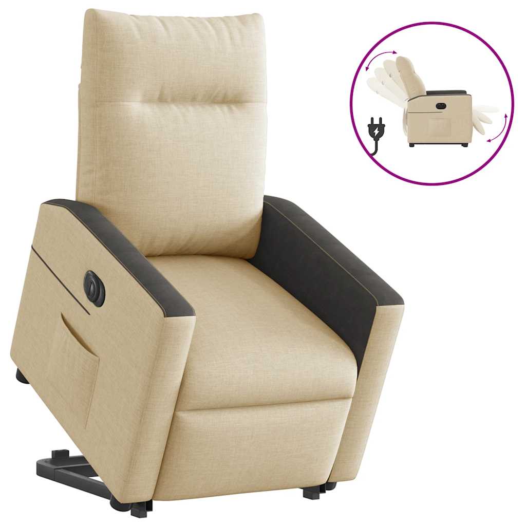 Fotoliu electric rabatabil cu ridicare, crem, textil