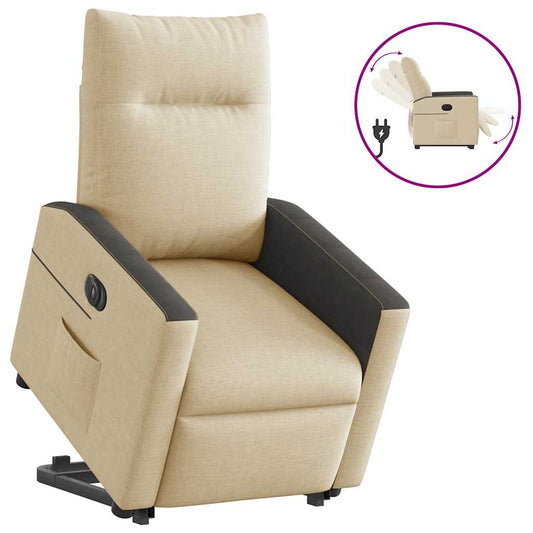 Fotoliu electric rabatabil cu ridicare, crem, textil