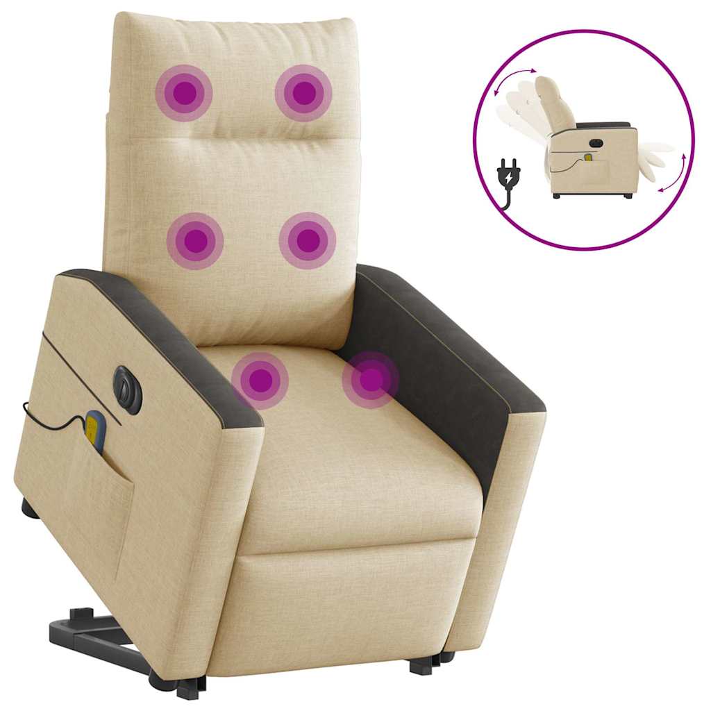Fotoliu electric de masaj rabatabil cu ridicare, crem, textil