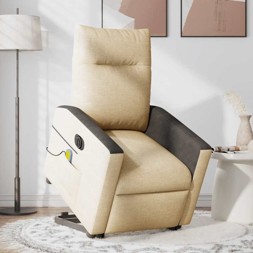 Fotoliu electric de masaj rabatabil cu ridicare, crem, textil
