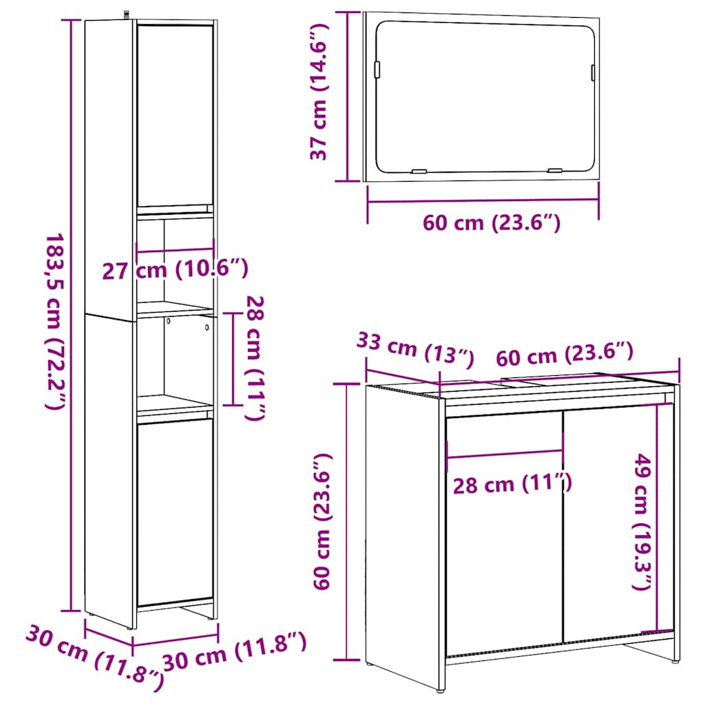 Set mobilier de baie, 3 piese, gri beton, lemn compozit