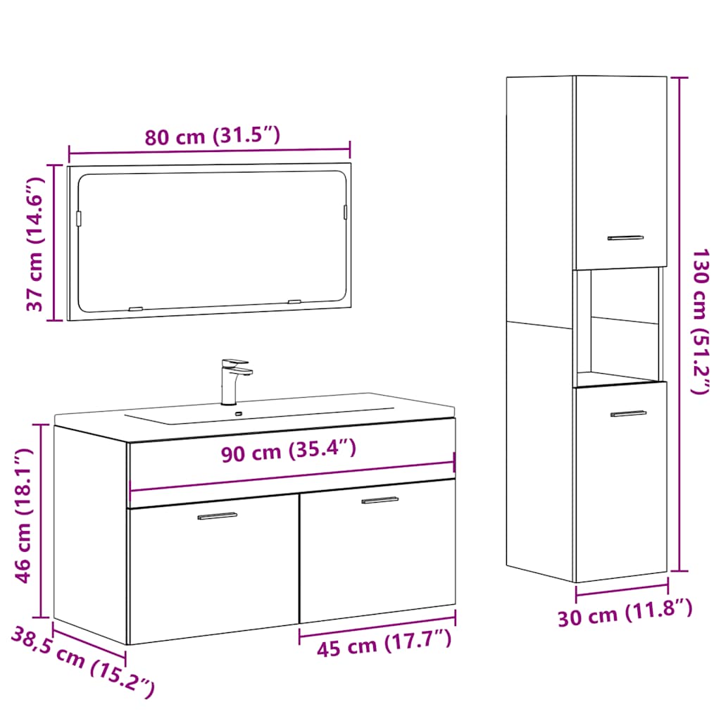 Set mobilier de baie, 3 piese, gri beton, lemn compozit