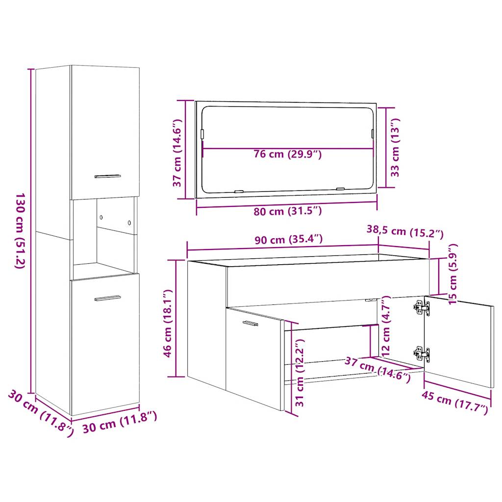 Set mobilier de baie, 4 piese, gri beton, lemn compozit