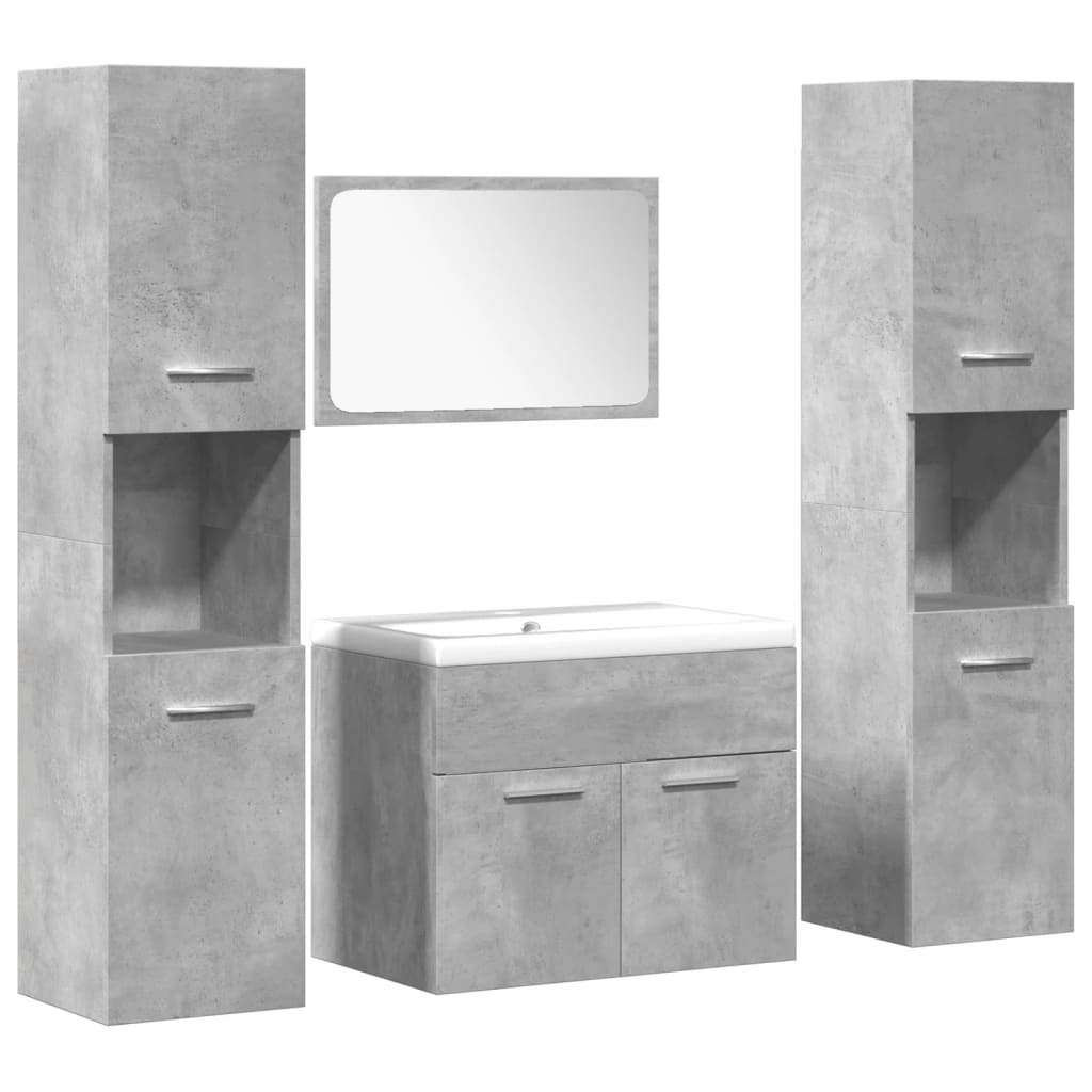 Set mobilier de baie, 4 piese, gri beton, lemn compozit