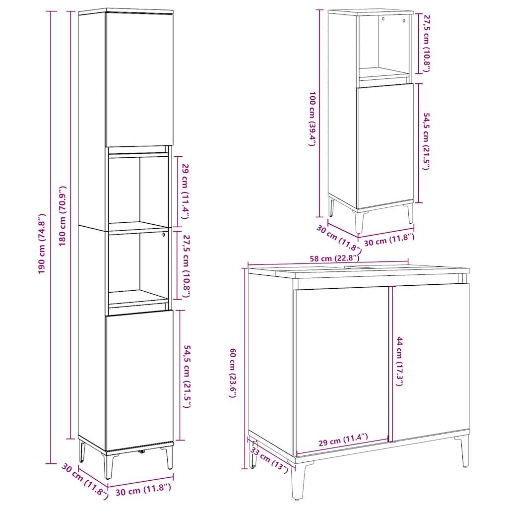 Set mobilier de baie, 3 piese, gri beton, lemn compozit