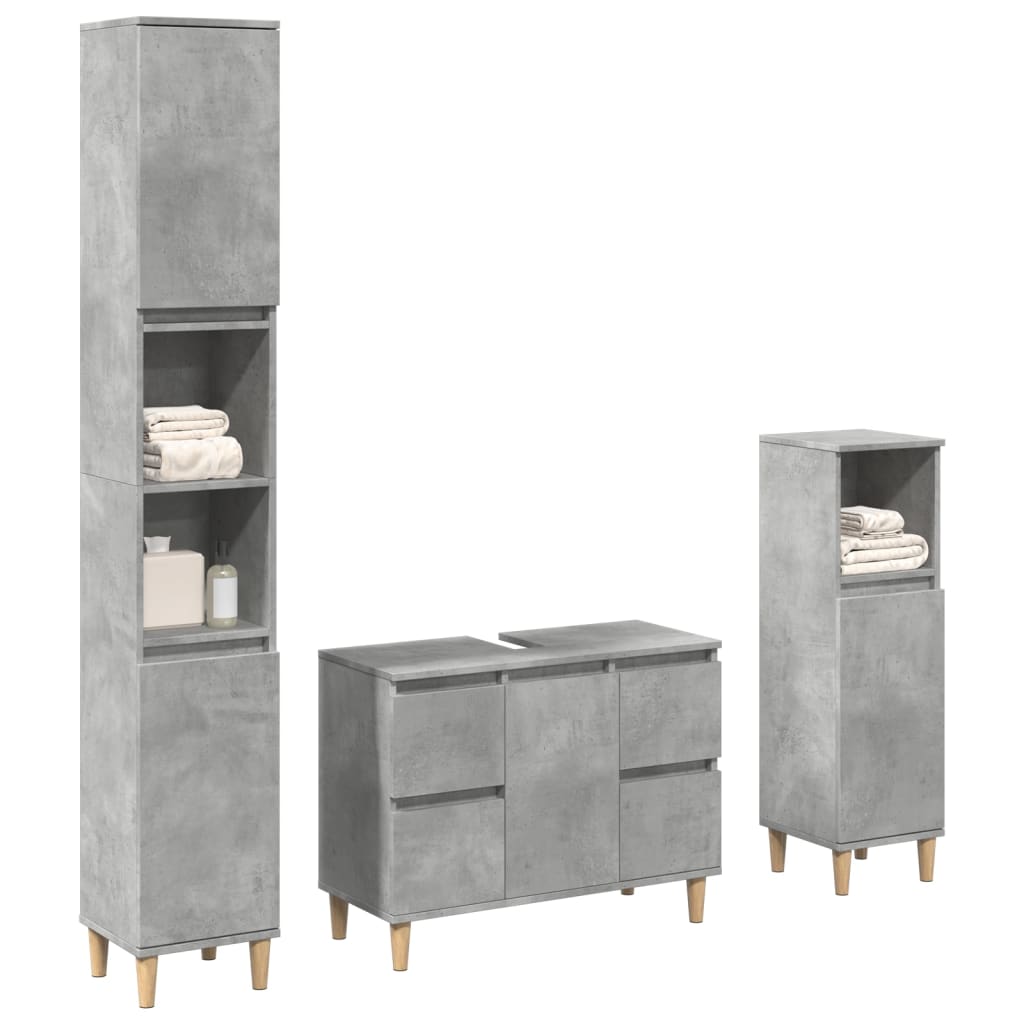 Set mobilier de baie, 3 piese, gri beton, lemn compozit