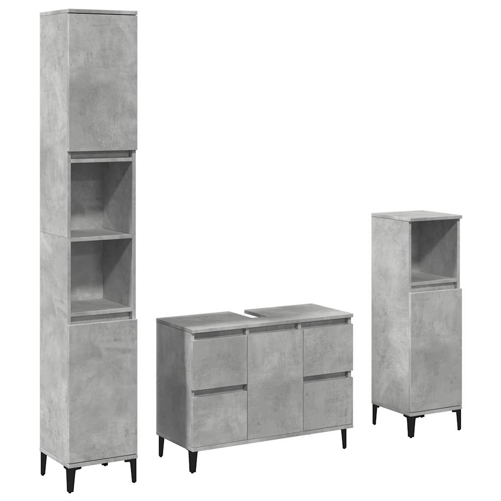 Set mobilier de baie, 3 piese, gri beton, lemn compozit