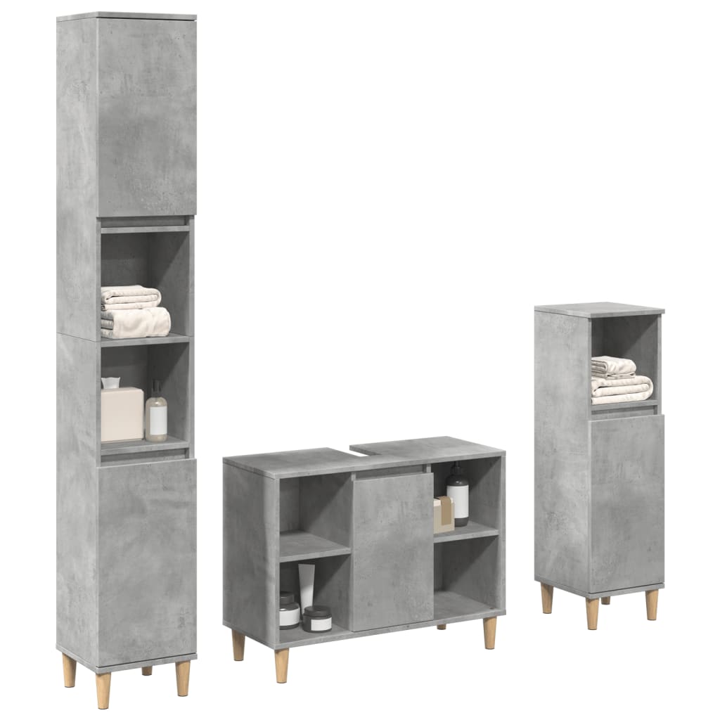 Set mobilier de baie, 3 piese, gri beton, lemn compozit