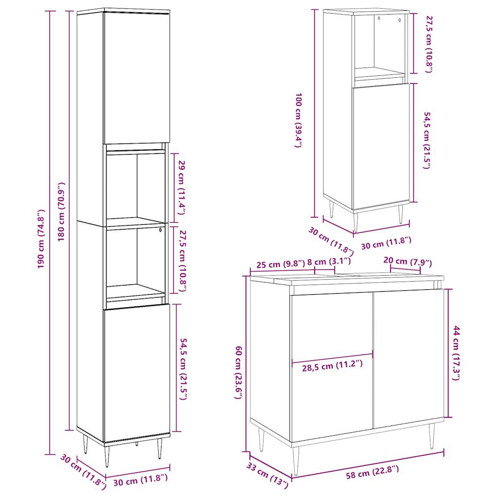 Set mobilier de baie, 3 piese, gri beton, lemn compozit