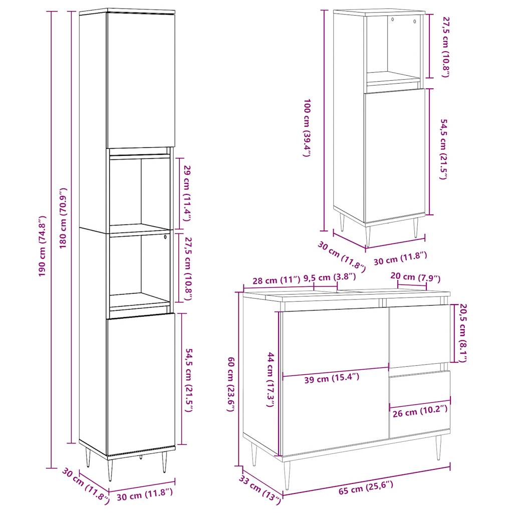 Set mobilier de baie, 3 piese, gri beton, lemn compozit