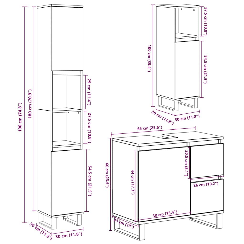 Set mobilier de baie, 3 piese, gri beton, lemn compozit