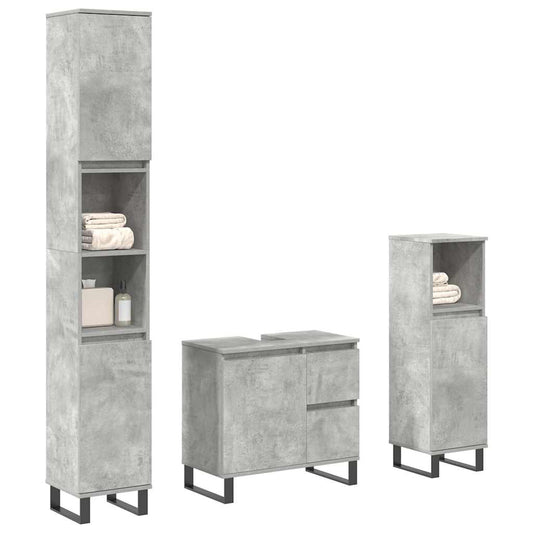 Set mobilier de baie, 3 piese, gri beton, lemn compozit