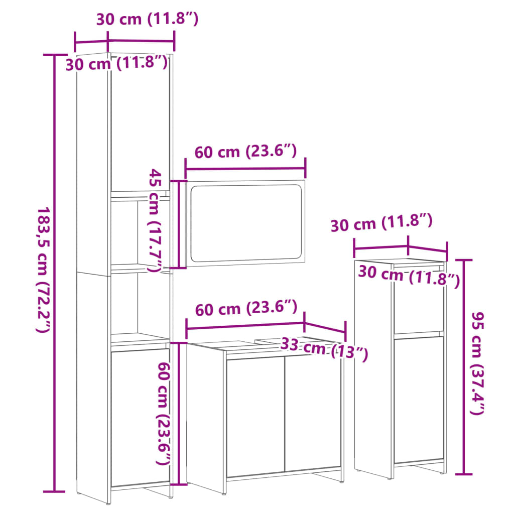 Set mobilier de baie, 4 piese, stejar sonoma, lemn prelucrat