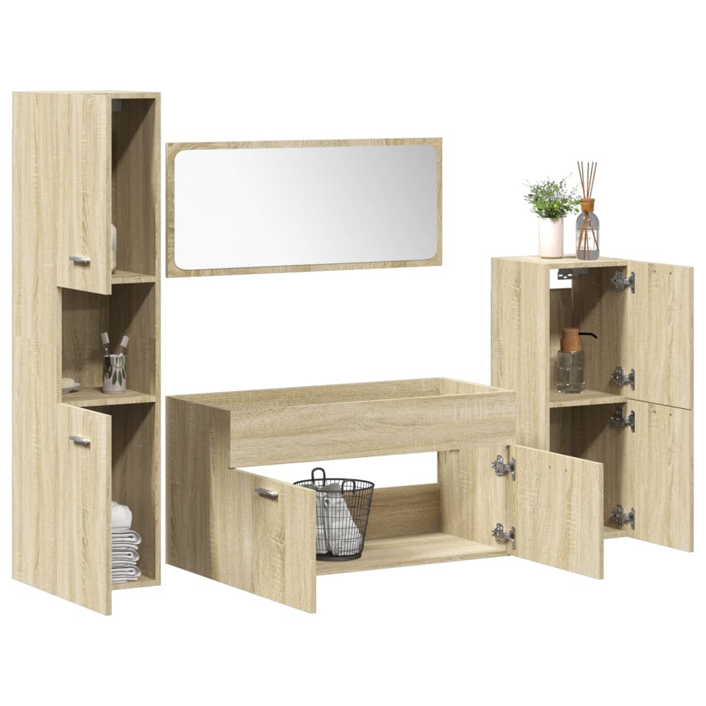 Set mobilier de baie, 4 piese, stejar sonoma, lemn prelucrat