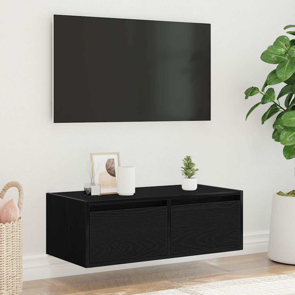 Dulap TV cu lumini LED Stejar negru 75x35,5x25 cm
