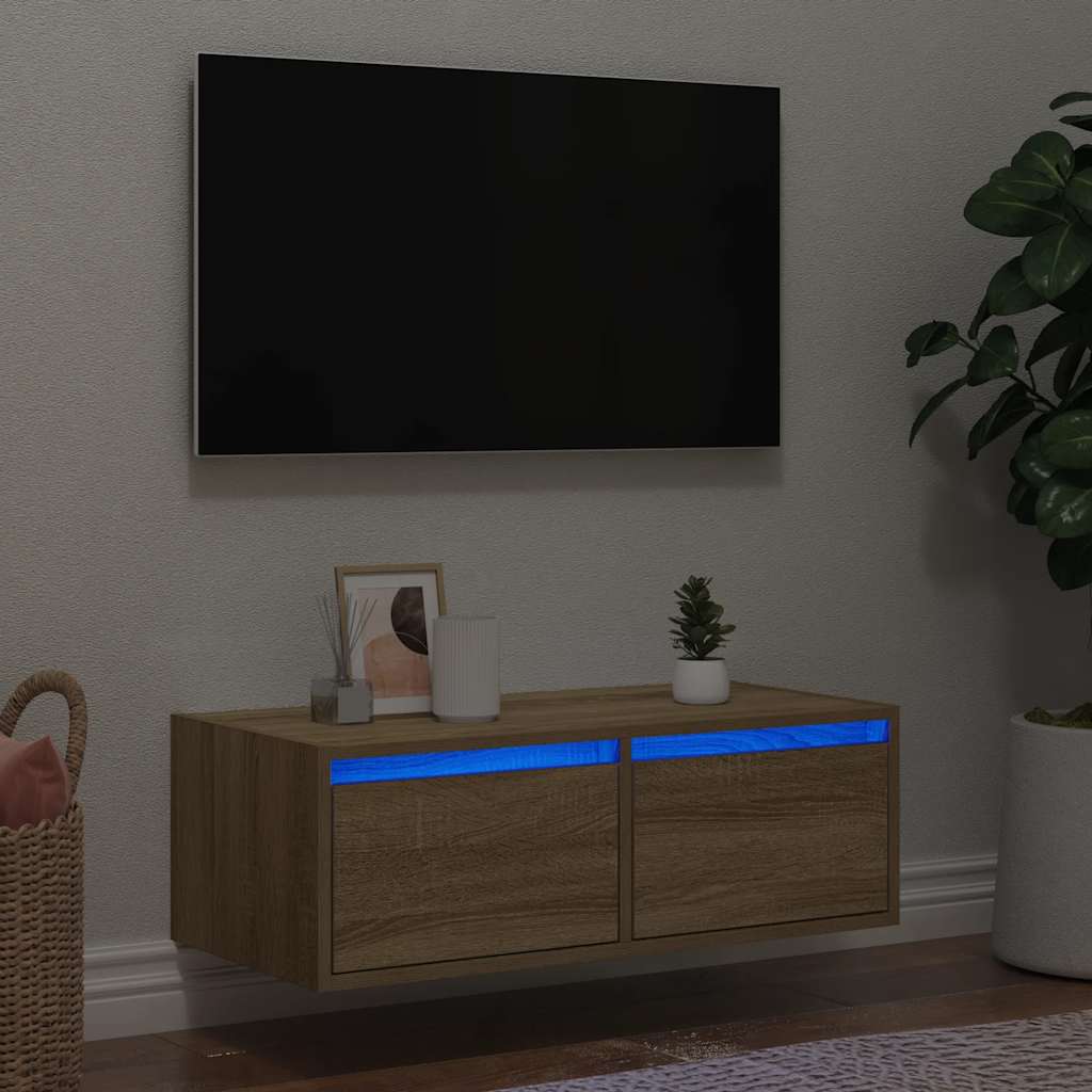 Comodă TV cu lumini LED, stejar sonoma, 75x35,5x25 cm