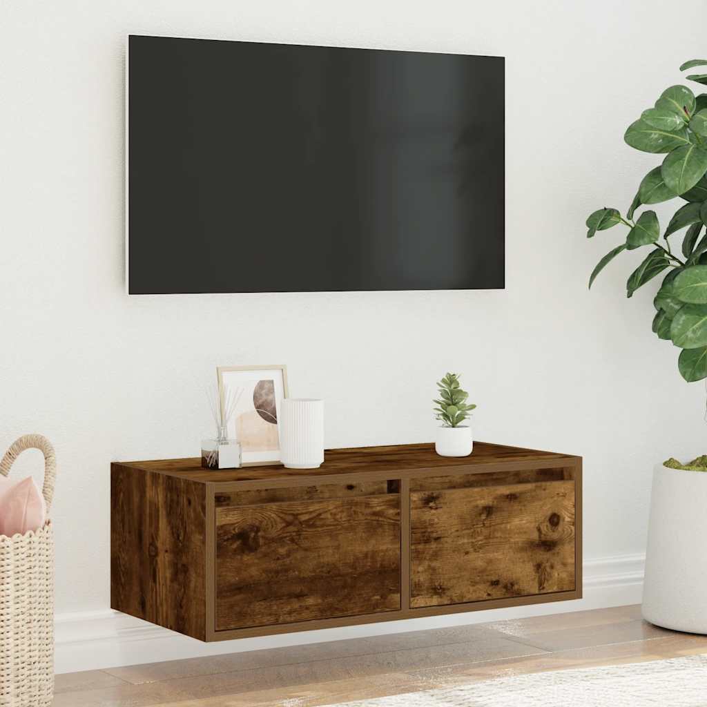 Comodă TV cu lumini LED, stejar fumuriu,75x35,5x25 cm