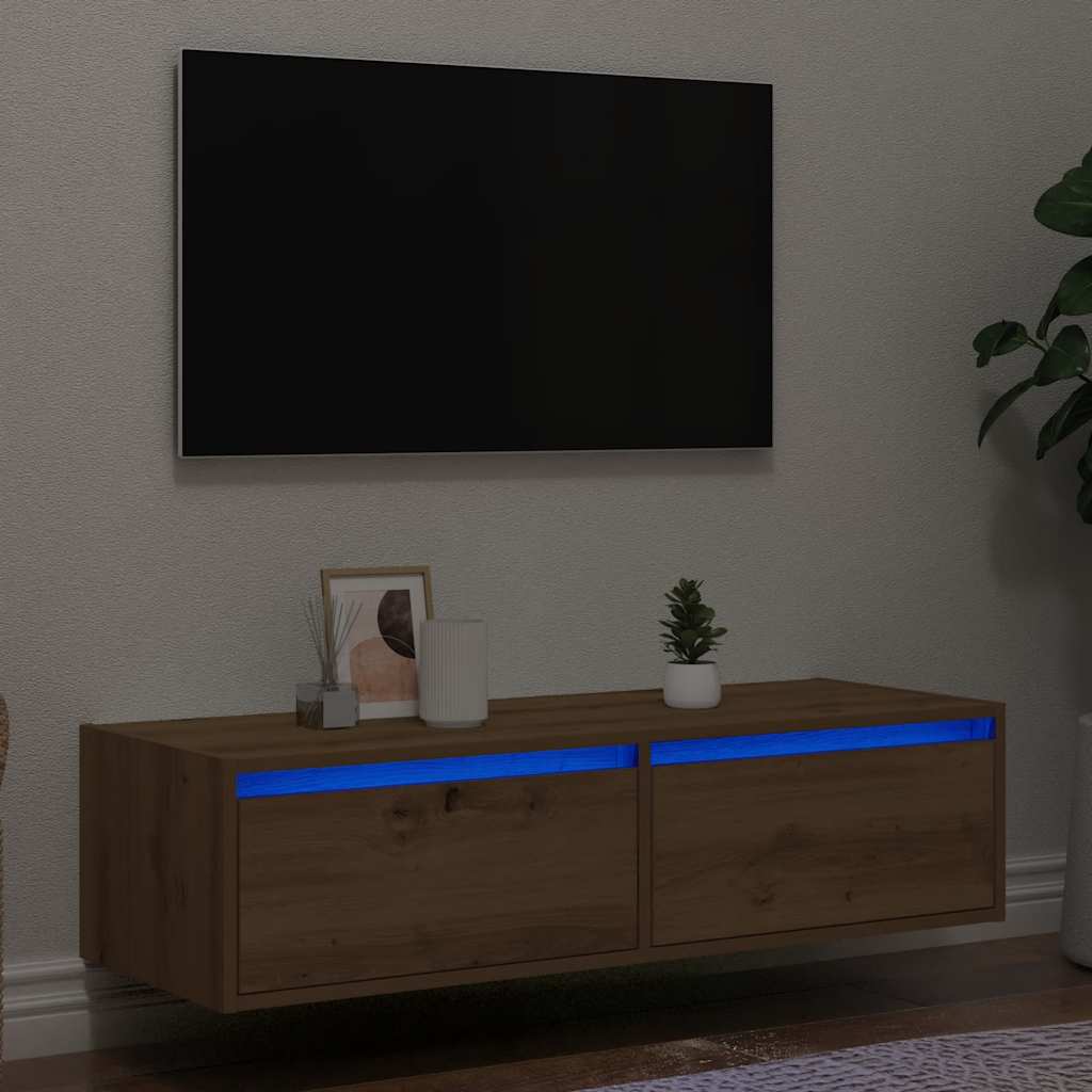 Comodă TV cu lumini LED, stejar artizanal, 100X35,5x25 cm