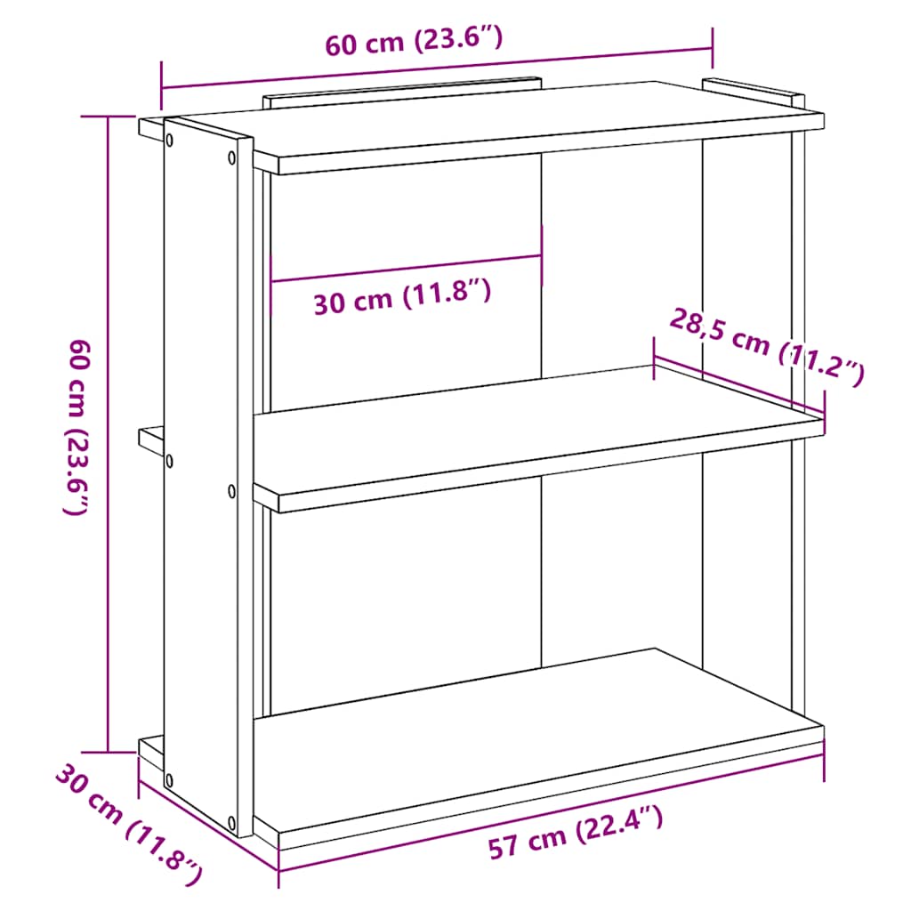 Bibliotecă 3 etaje stejar artizanal 60x30x60 cm lemn prelucrat