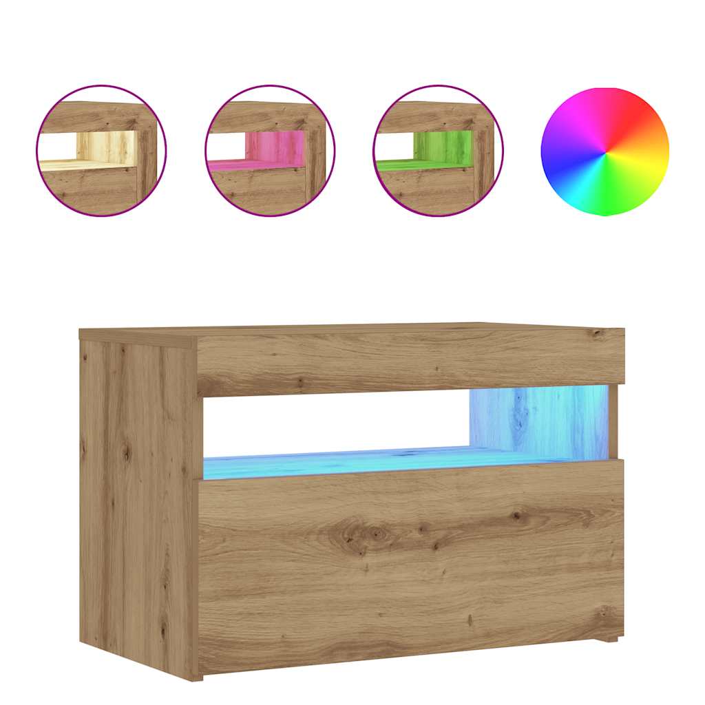 Noptiera cu lumini LED Stejar Artisan 60x35x40cm Lemn prelucrat