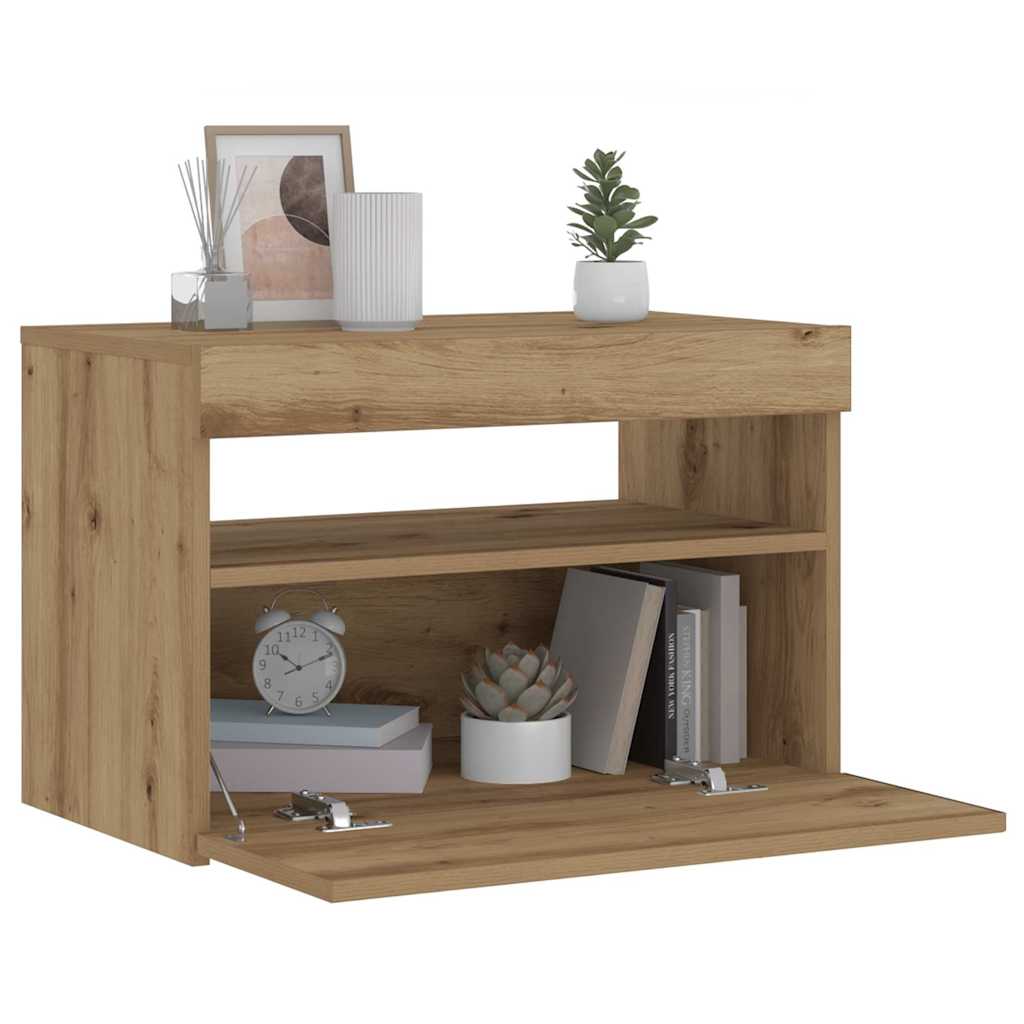 Noptiera cu lumini LED Stejar Artisan 60x35x40cm Lemn prelucrat