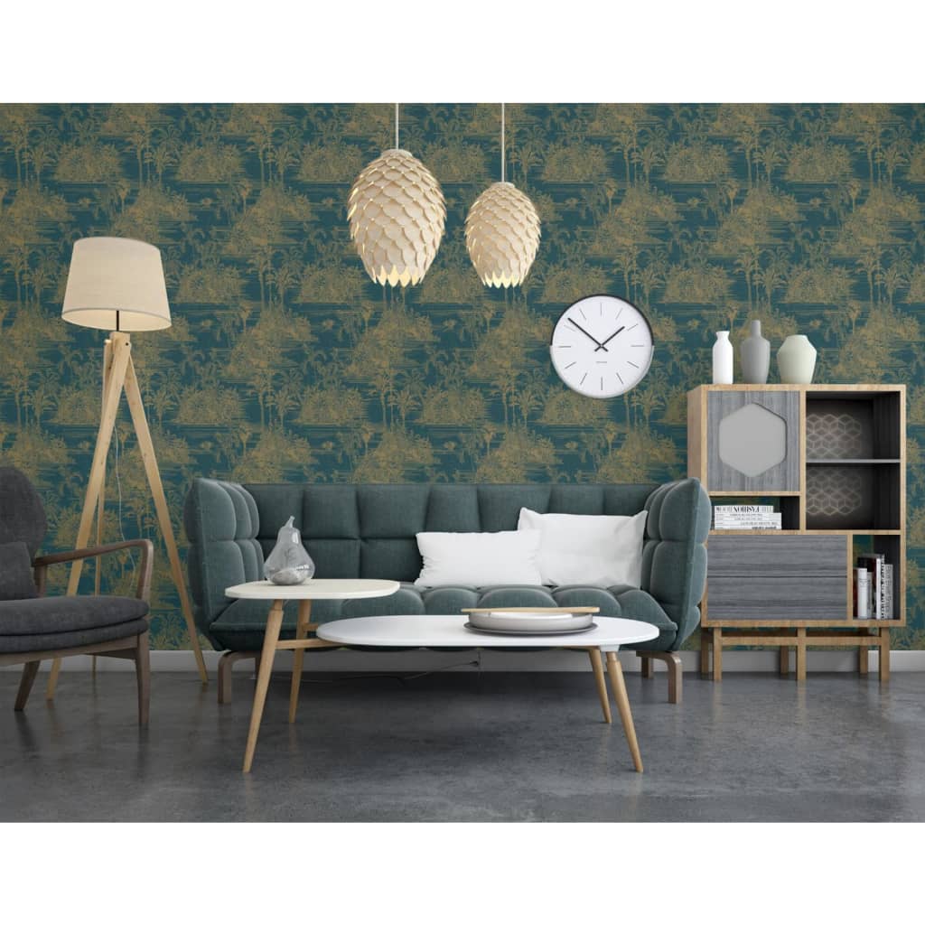 DUTCH WALLCOVERINGS "Tropical" wallpaper, dark blue and gold