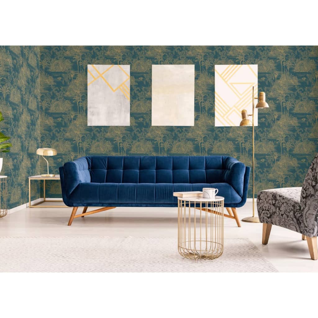 DUTCH WALLCOVERINGS "Tropical" wallpaper, dark blue and gold