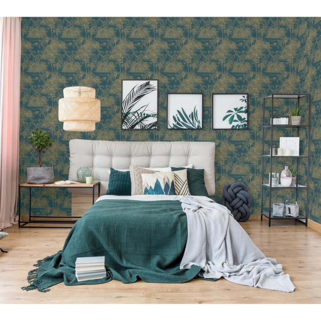 DUTCH WALLCOVERINGS "Tropical" wallpaper, dark blue and gold