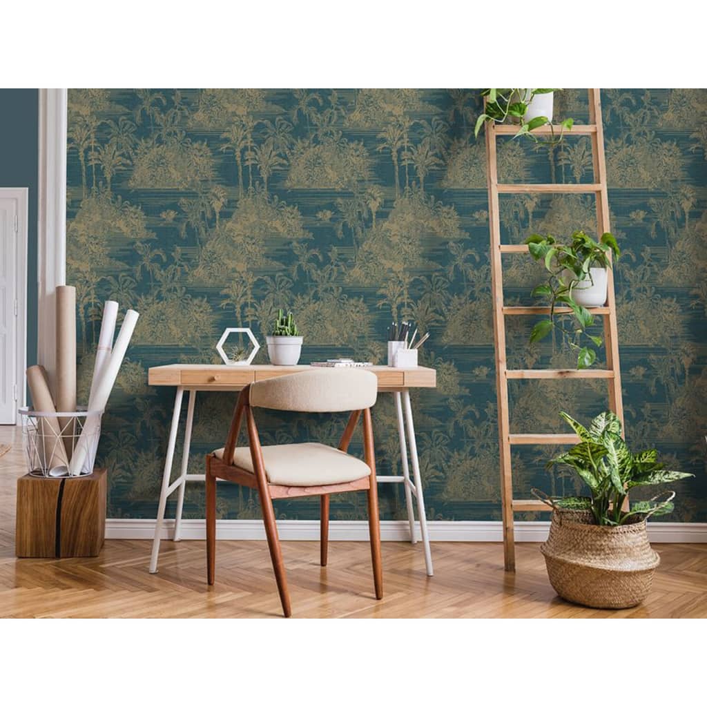 DUTCH WALLCOVERINGS "Tropical" wallpaper, dark blue and gold
