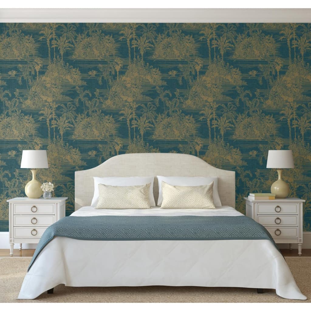 DUTCH WALLCOVERINGS "Tropical" wallpaper, dark blue and gold