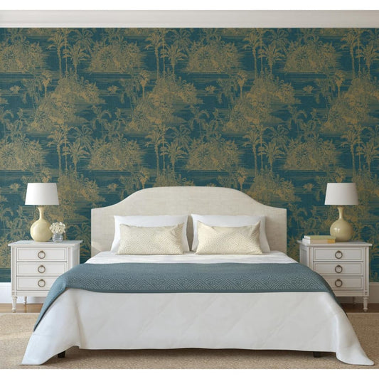 DUTCH WALLCOVERINGS Tapet „Tropical”, albastru închis și auriu