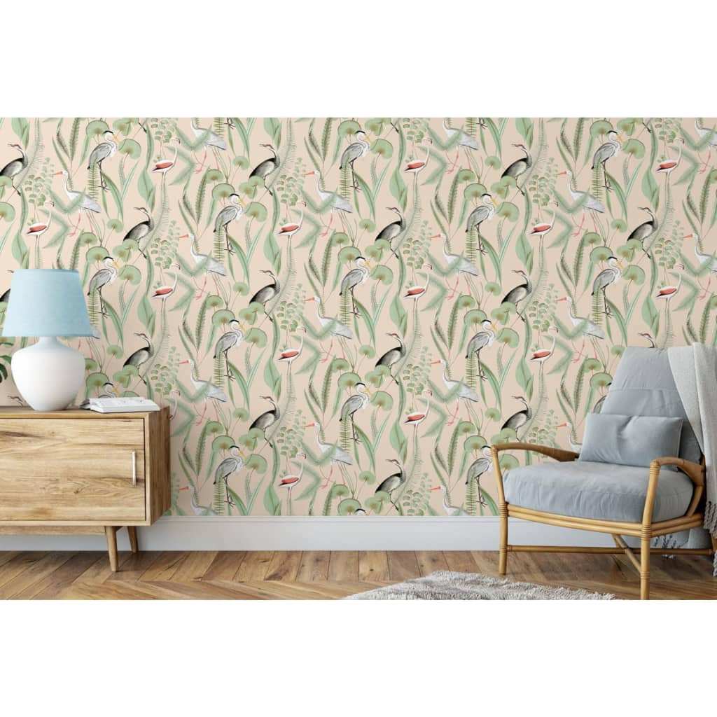 DUTCH WALLCOVERINGS Flamingo wallpaper, cream and mint green