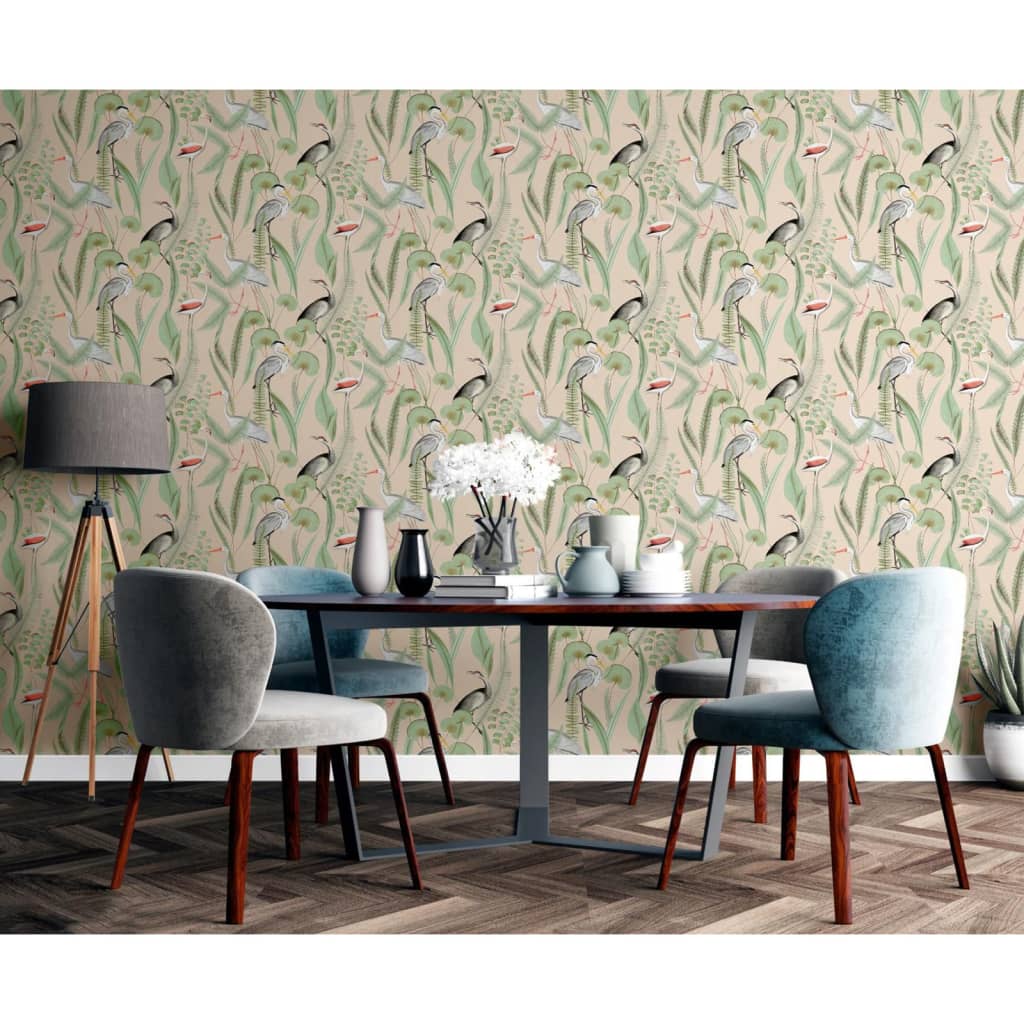 DUTCH WALLCOVERINGS Flamingo wallpaper, cream and mint green