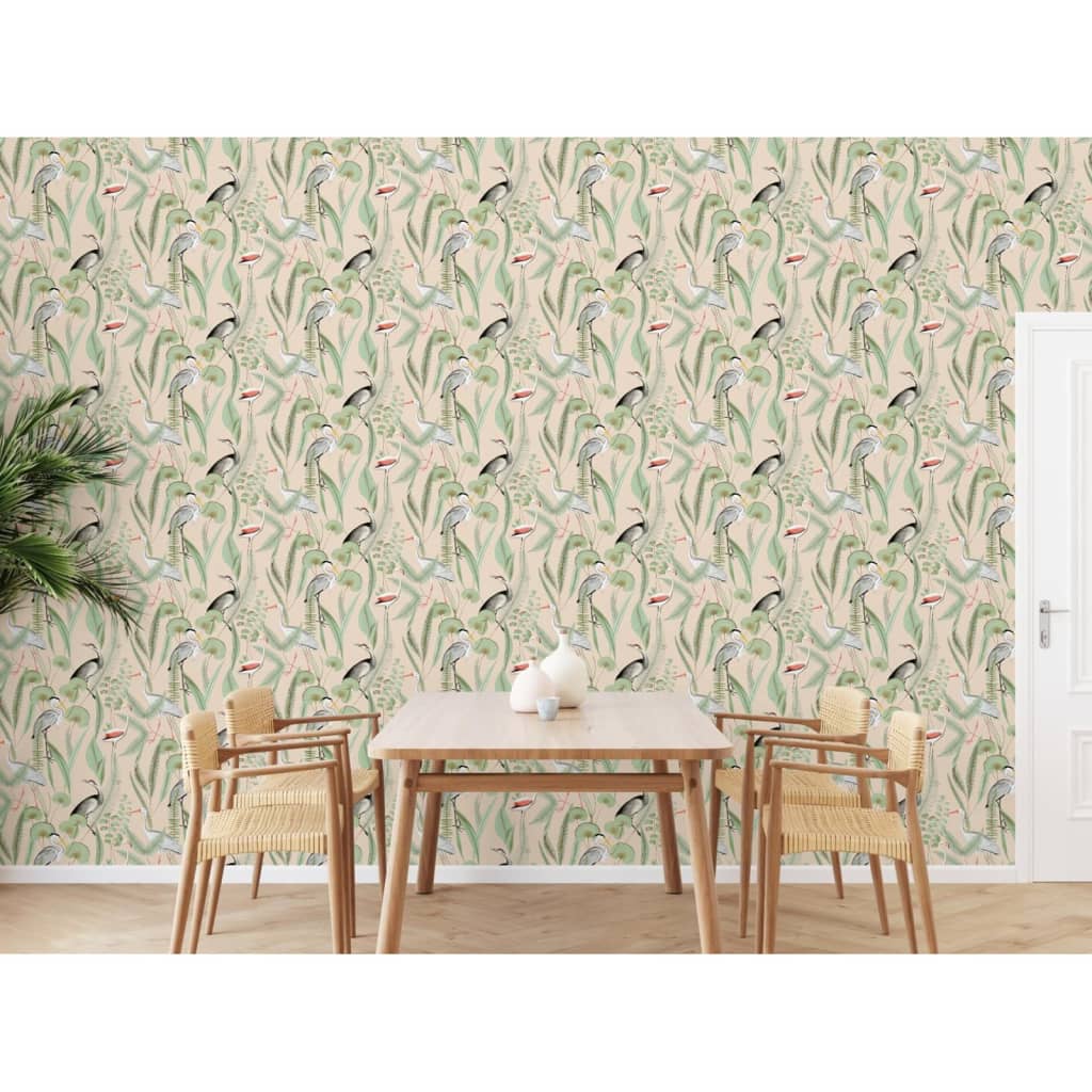 DUTCH WALLCOVERINGS Flamingo wallpaper, cream and mint green