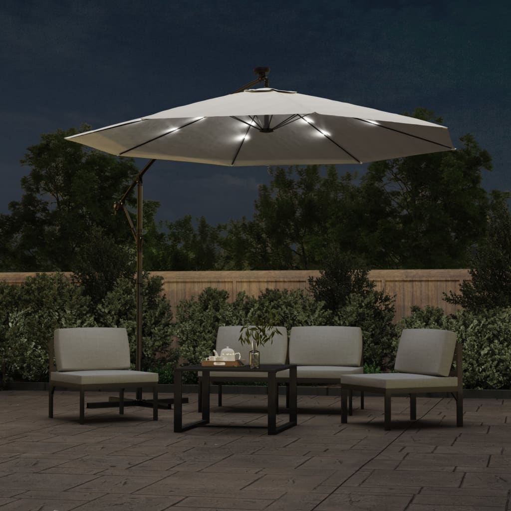 Umbrelă soare suspendată, iluminare LED, stâlp metalic 300 cm