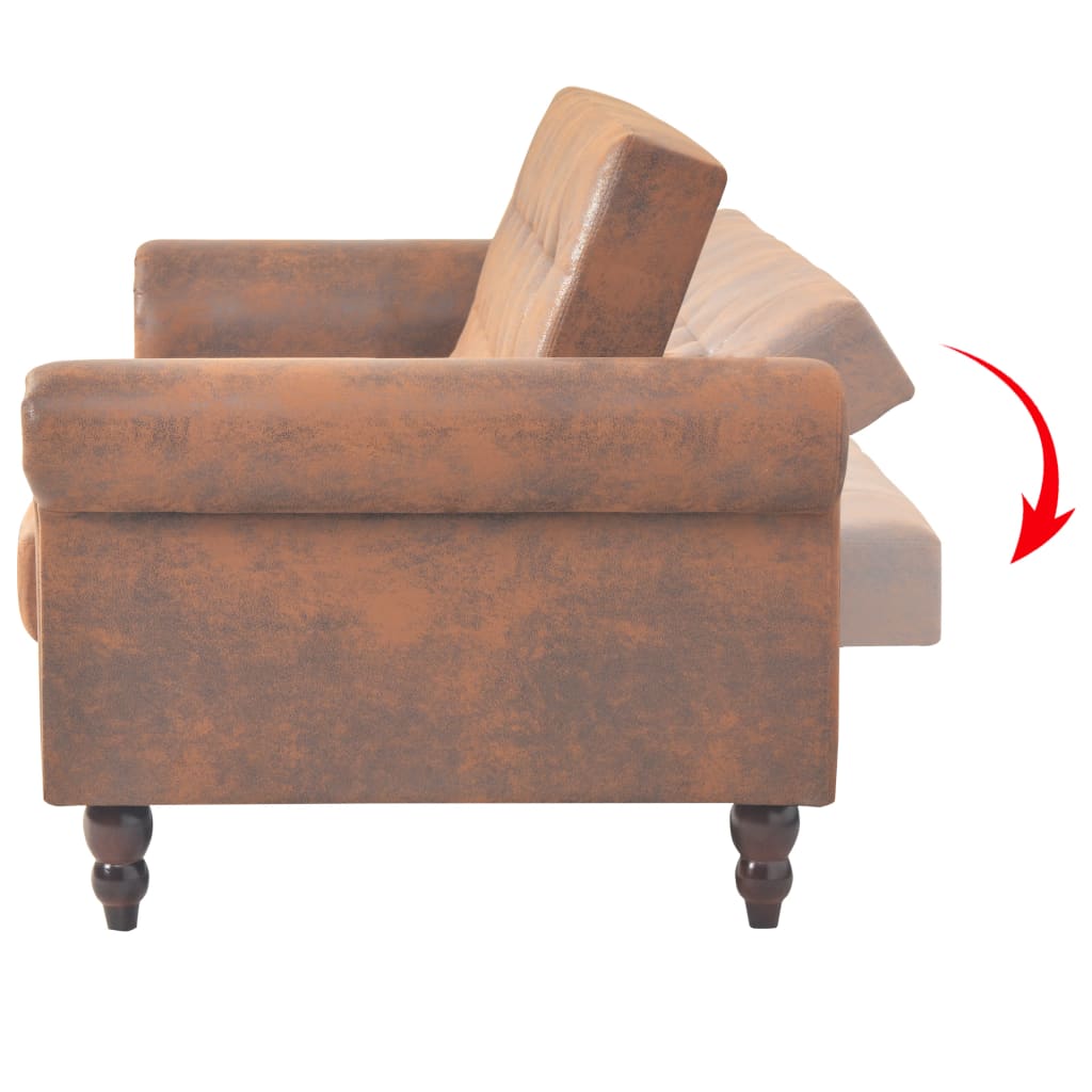 Extendable sofa with armrests/2 seats, brown, artificial velor