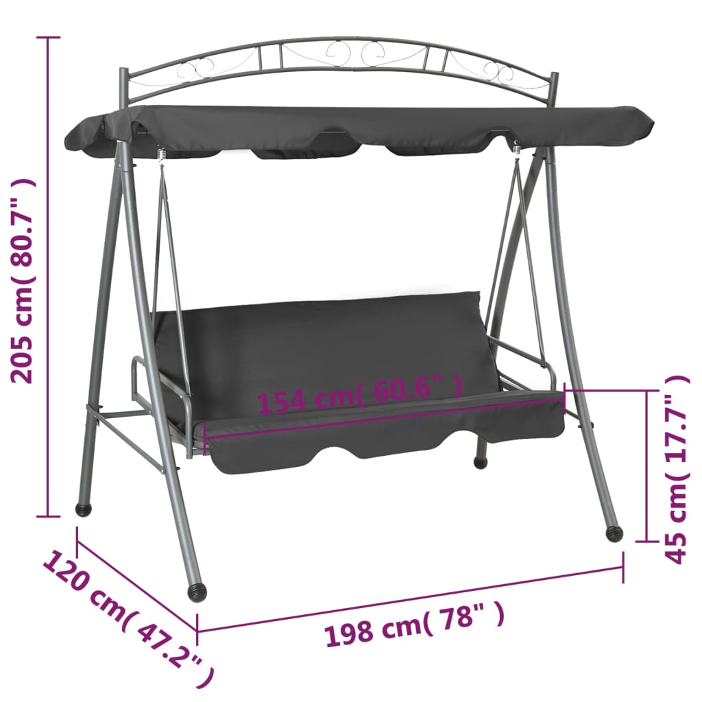 Extendable swing with canopy anthracite 198x120x205 cm steel