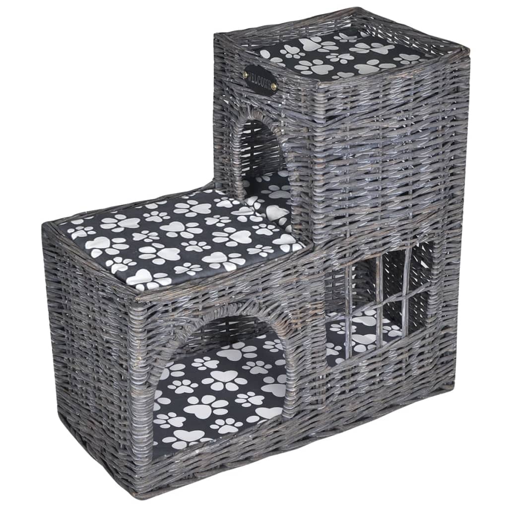 Cat house/bed/scratching post combination, with cushion, wicker