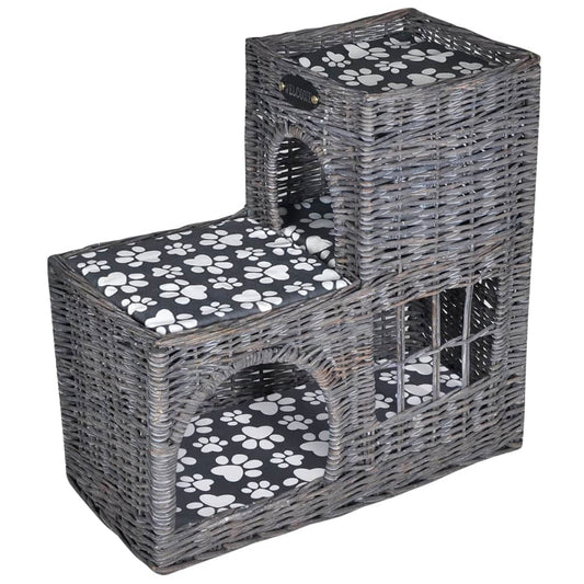 Cat house/bed/scratching post combination, with cushion, wicker